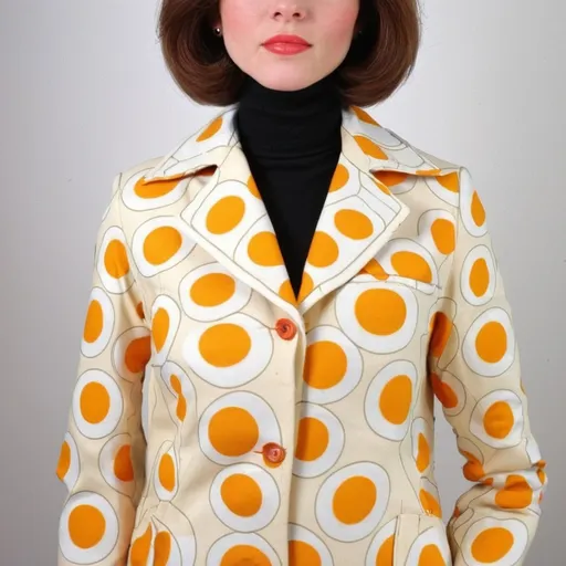 Prompt: Fancy fashionable 1968 mod jacket with fried eggs and bacon print 