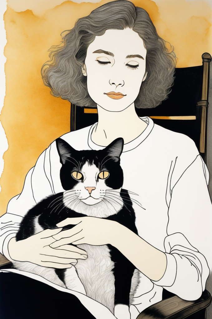 Prompt: Portrait of Eileen "Bundle" Brent, age 22, sitting in a chair gently stroking a sleeping cat, dressed in white, white plaster wall, golden hour light, drawn and inked by Hayao Miyazaki, 1990