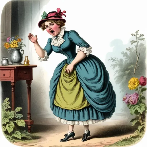 Prompt: A farting lady, hand-colored vintage English engraving circa 20th century, colorful, romanticism, full body