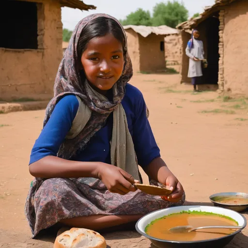 Prompt: Kashtari girl serving a bowl of moth soup and beetle bread