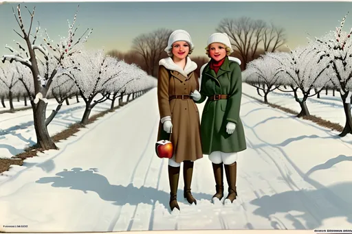 Prompt: Winter of 1932 in a Michigan apple orchard