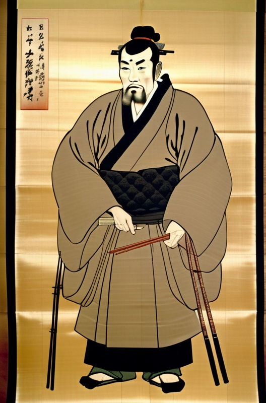 Prompt: Heroic portrait of the inventor of chopsticks, Aru Otoko, ink on silk, 1282