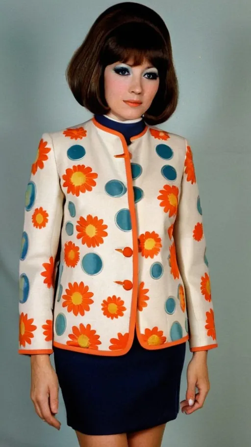 Prompt: Fancy fashionable 1968 mod jacket with chrysanthemums, stars, and crescent moons 
