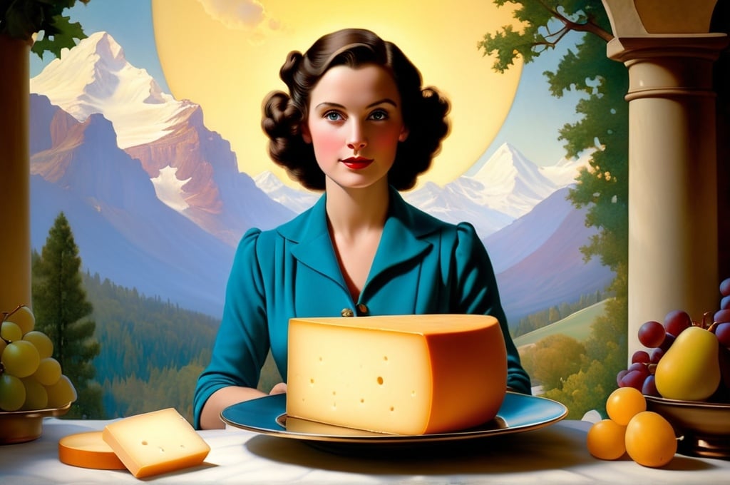 Prompt: Helen Gint and her famous cheese, in the style of Maxfield Parrish, 1934