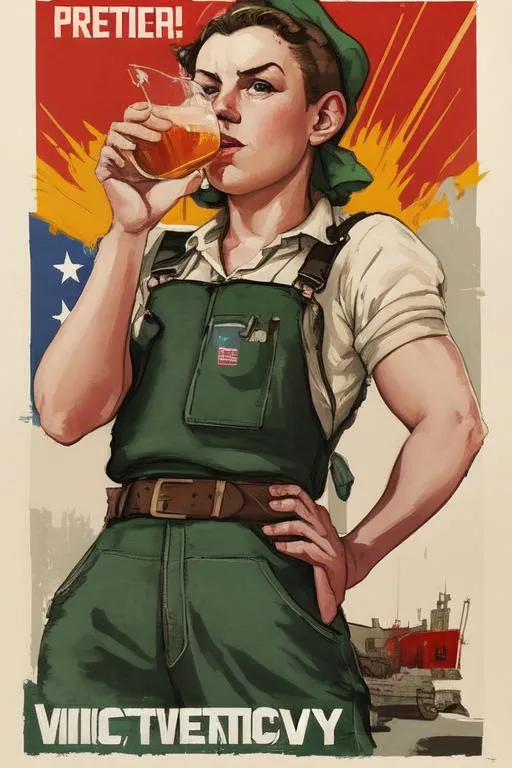 Prompt: American WWII WPA poster with Jady Morelli in overalls hair in a bandanna “Drink Cider for Victory!” 1942, serious, important, dire, inspirational, patriotic, propaganda, lesbian, wrench, pint glass of cider, transgender, beautiful, serious 