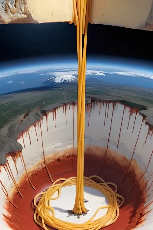 Prompt: Drilling to the center of the earth with a single piece of spaghetti 