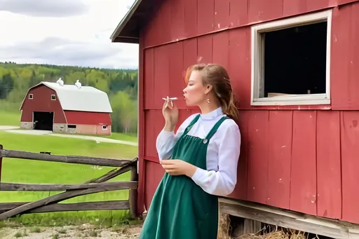 Prompt: cottagecore girl smoking behind the barn