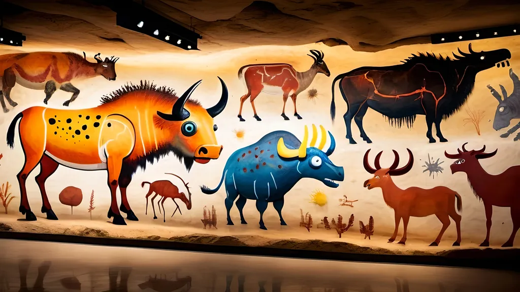 Prompt: Photo of the Lascaux cave paintings with bison, antelopes, Mechagodzilla, and SpongeBob SquarePants 