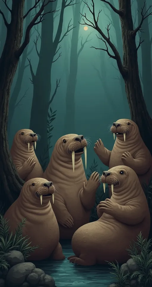 Prompt: A forest of walruses on soup night 