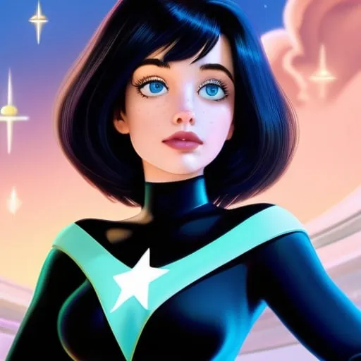 Prompt: Illustration of Judy Jetson with black hair, super pale skin, blue eyes, a sky full of stars, HD, highly detailed, tiny gazongas 