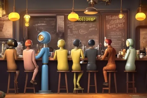 Prompt: 1930s coffee shop scene with young people chatting, modern interior design, natural lighting, cozy ambiance, highres, vibrant colors, casual setting, detailed facial expressions, digital artwork, warm tones, stylish decor, lively atmosphere, relaxed posture, urban setting, Gort, the nine foot tall robot from The Day the Earth Stood Still sits at the counter unnoticed 