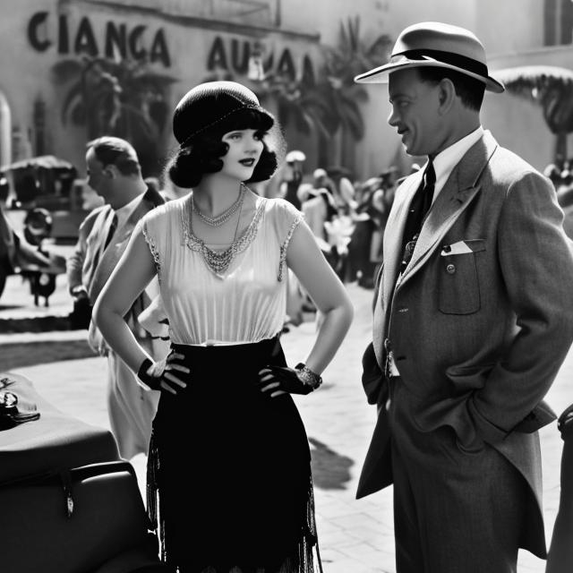 Prompt: A candid behind the scenes black and white photograph of flapper-era Clara Bow (in character as Ilsa Lund) and Tom Hanks (in character as Rick Blaine) on the set of the 1942 film Casablanca.