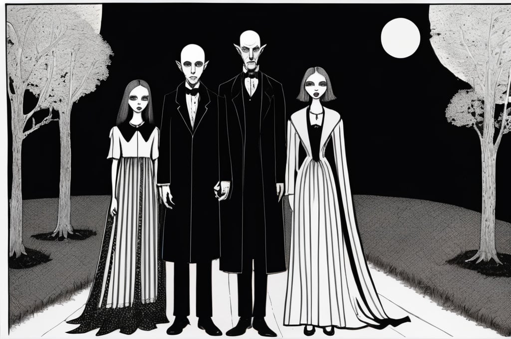 Prompt: Vampire family photo drawn by Edward Gorey 