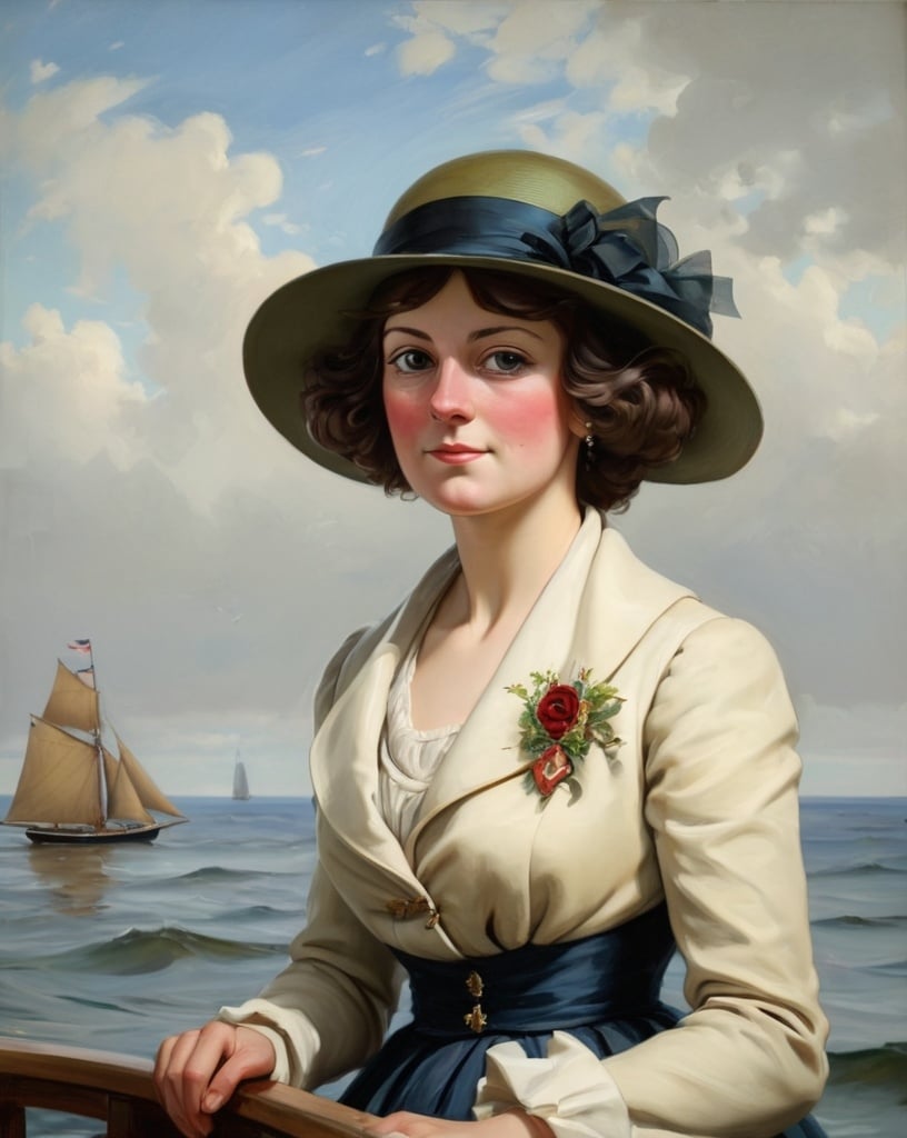 Prompt: Painting of Lady Fredericka Boston-Pilge on her 39th birthday at the edge of the sea, December 1923, 