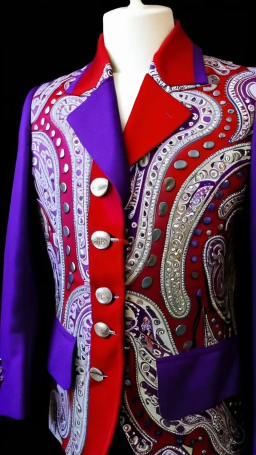 Prompt: Fancy fashionable 1968 purple, red, and silver paisley mod jacket