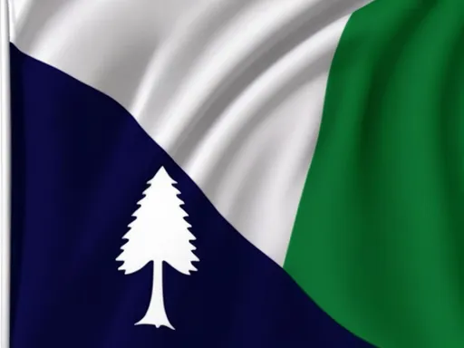 Prompt: The flag of The Republic of Industrial Pinetree waving proudly, white triangle, green triangle, midnight blue triangle