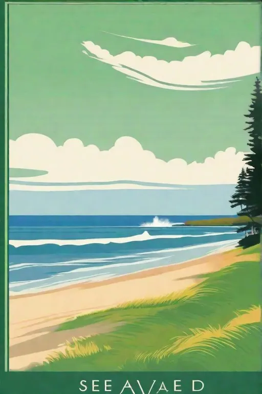 Prompt: Classic travel poster, famous, iconic, genre-defining, indie, alternative, brilliant, simple, minimalist, MODERN MASTERPIECE, 1968, the sea, Green Gables, “Visit AVONLEA Prince Edward Island”