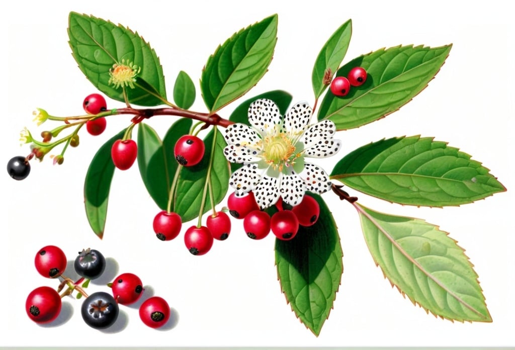 Prompt: Nature guide illustration of Australian spotted felonberries (Sceleratus vitiligo), showing leaves, flowers, berries 
