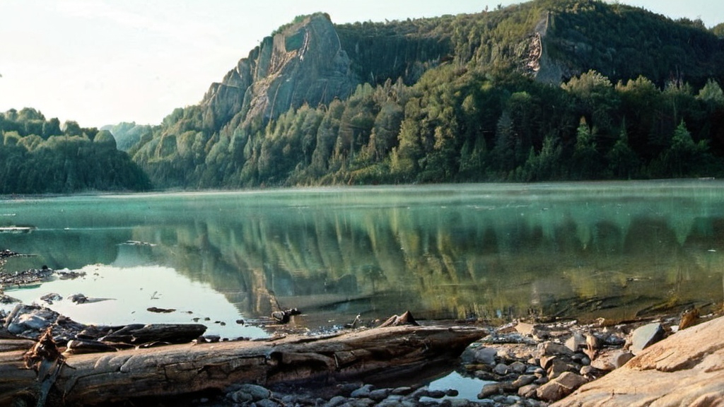 Prompt: Glacial Lake Tight on a summer morning in the Pleistocene two million years ago, ancient Ohio.