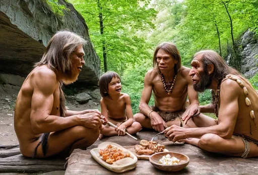 Prompt: Brunch with Denisovans and Neanderthals 