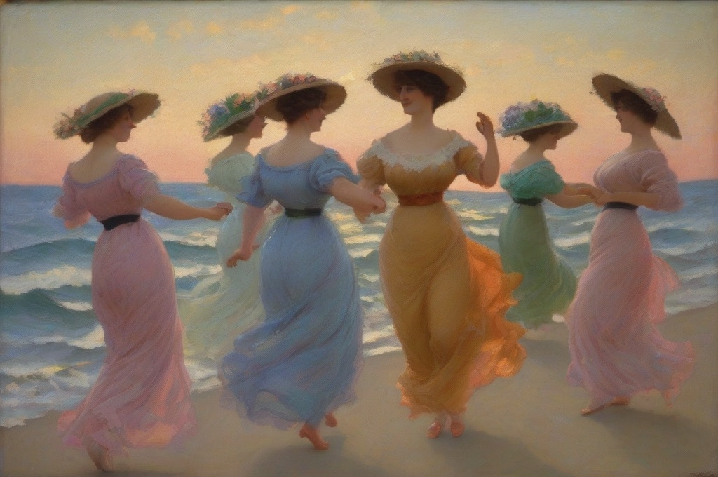 Prompt: “Dancing MILFs, Summer, 1909” painted by Frank Weston Bendon, 1909, oil on canvas, American impressionist 