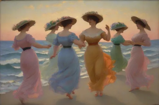 Prompt: “Dancing MILFs, Summer, 1909” painted by Frank Weston Bendon, 1909, oil on canvas, American impressionist 