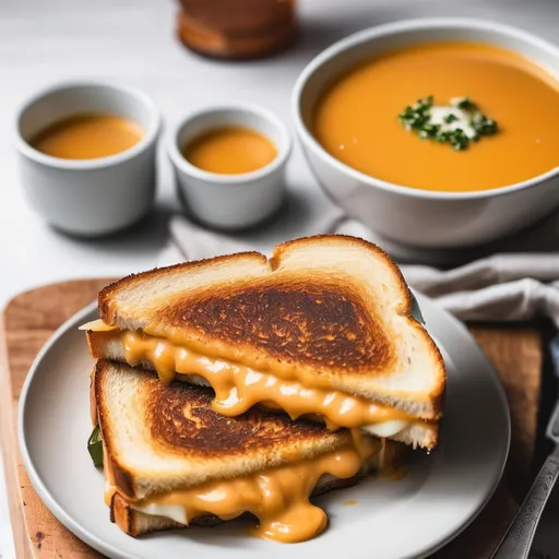 Prompt: A slice of soup and a bowl of grilled cheese 