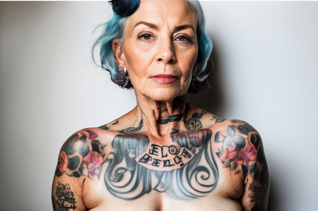 Prompt: Photo of Wilma Buckstampf, a middle aged woman whose body is covered in tattoos that say “HELLO” in black ink 