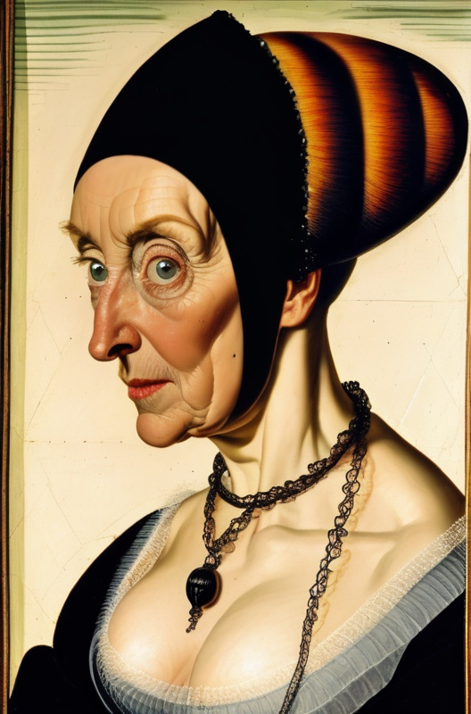 Prompt: Heroic portrait of the inventor of hair, Lady Excelsior Egg l-Fingerwave, wearing a fright wig, tempera on board, 1542