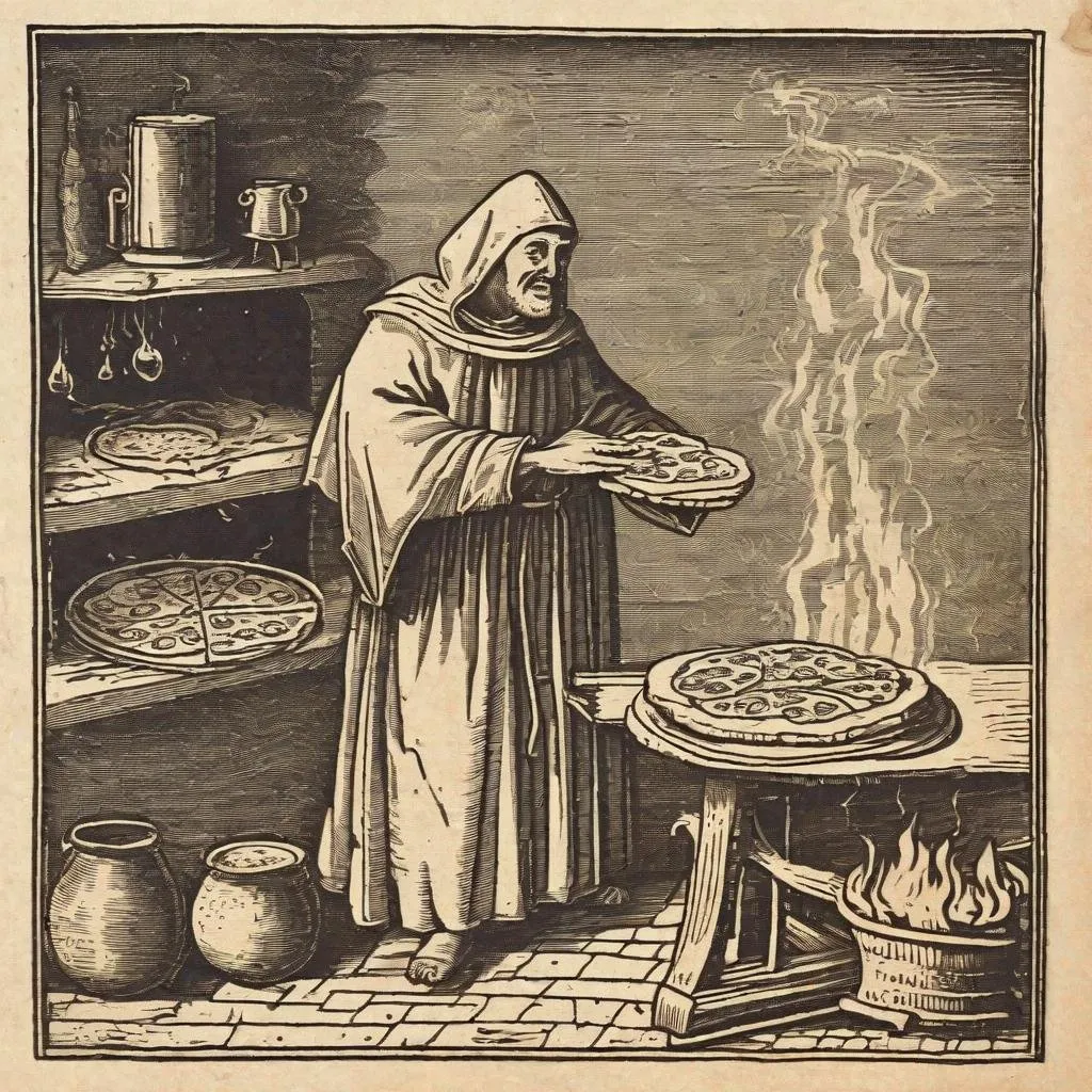 Prompt: A medieval woodcut of friar Jean-Paul Pitsou accidentally inventing pizza in the year 842