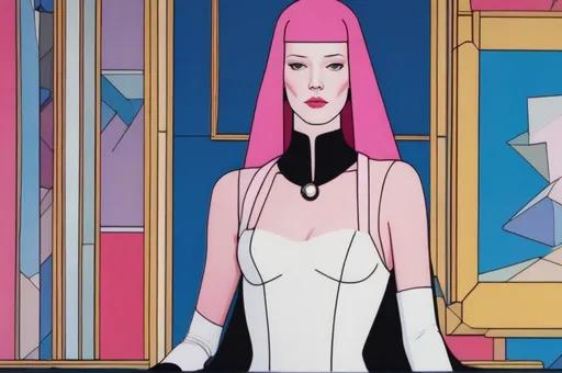 Prompt: Princess Bubblegum from Adventure Time as painted by Patrick Nagel, acrylic on poster board, 1982