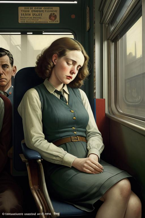 Prompt: American Depression-era WPA poster of Caít O’Dwyer falling asleep in her seat on the train home, serious, important, dire, inspirational, funny, informal, painted by Norman Rockwell, 