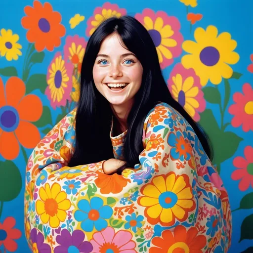 Prompt: Potatoes in a psychedelic flower print peasant sack. Straight black hair. Blue eyes. Jumping. Laughing. Young. 1968