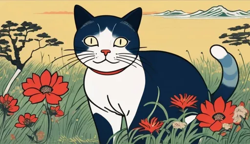 Prompt: Ukiyo-e of a very happy cat in a wildwood meadow 