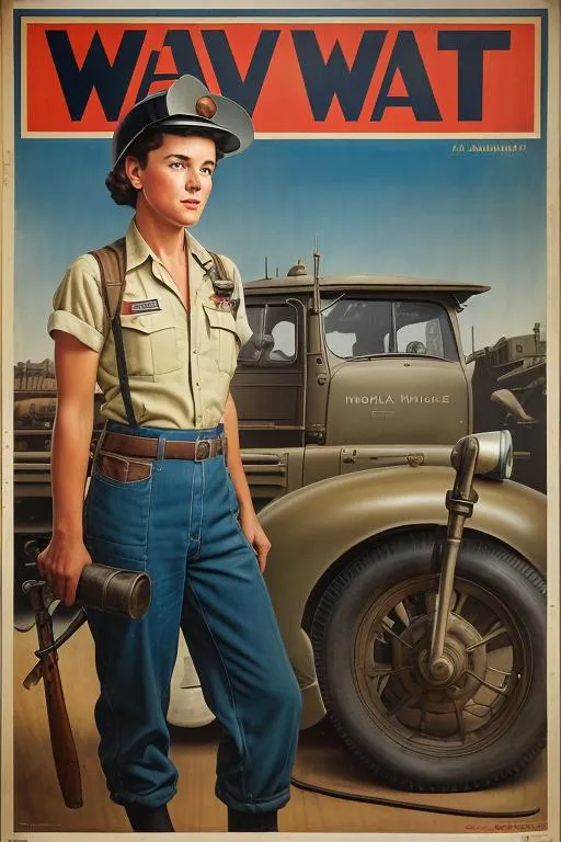 Prompt: 1942 Normal Rockwell WPA poster of airplane welder Nonon Jakuzure, serious, important, dire, inspirational, informal, lesbian, technicolor, modest, pretty, realism, Norman Rockwell, factory worker, machinery, Kill la Kill, middle aged,  cunty, salty, 