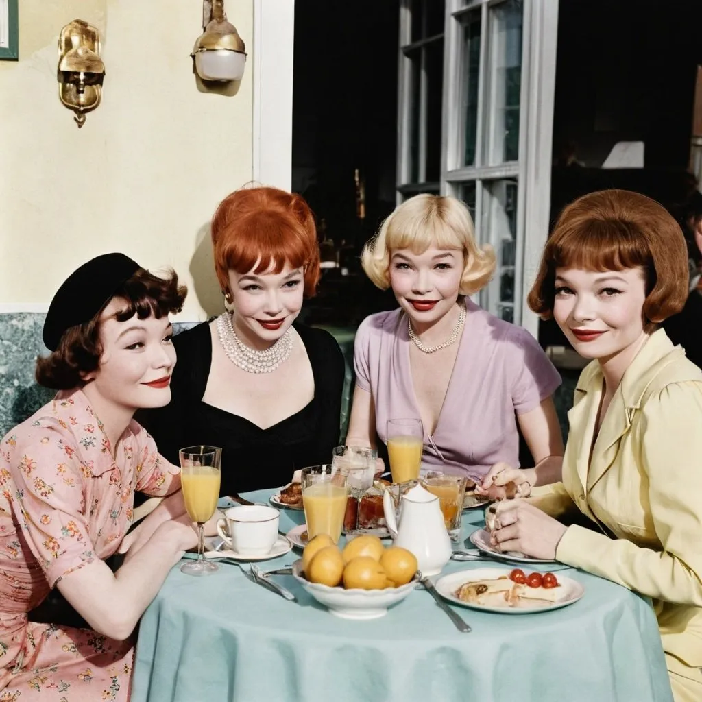 Prompt: Mamie Van Doren, Carey Mulligan, Shirley MacLaine and Clara Bow having brunch together 