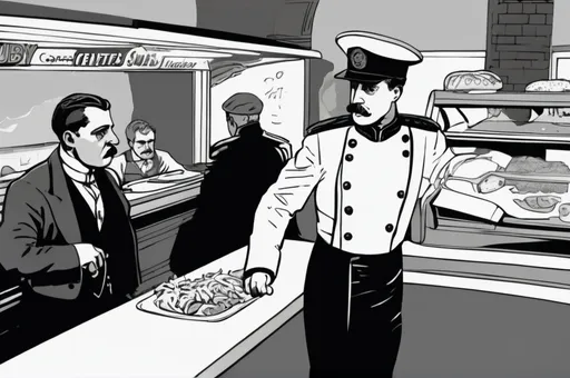 Prompt: Archduke Franz Ferdinand stands at the counter indecisive about toppings for his Spicy Italian sub at Subway. The other patrons are annoyed and restless, especially Gavrilo Princip 