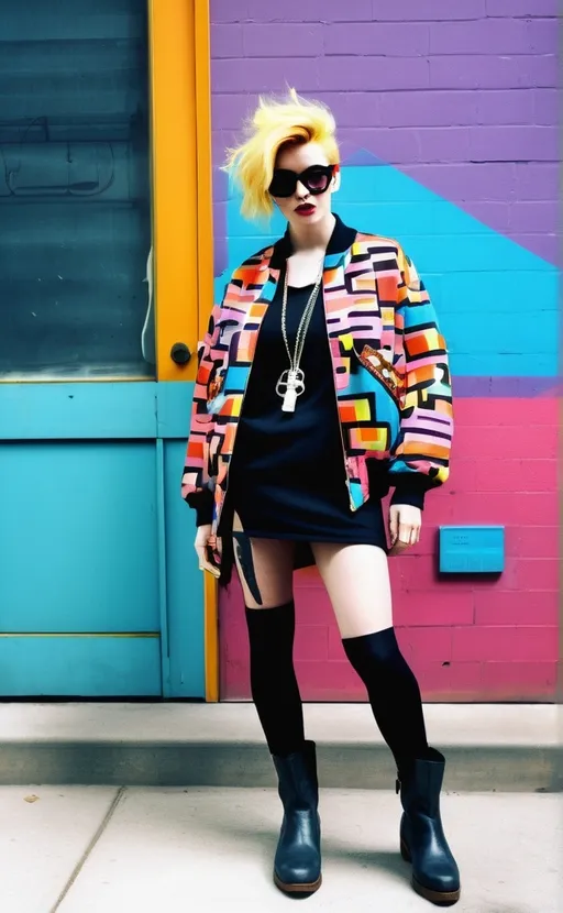 Prompt: Mod dress, bright, geometric, black, oversized, midcentury, fashionable for old-school lesbians, sassy, more jorkin for the borkin, humble, original, Gen-X vibe, (feminine) grunge, classic, GOAT, boots, glorious, decaying urban background, leggings, ripped bomber jacket, smells like teen spirit and cigarettes, salty, underground music, indie, Retro mama, capable of criminality, cool