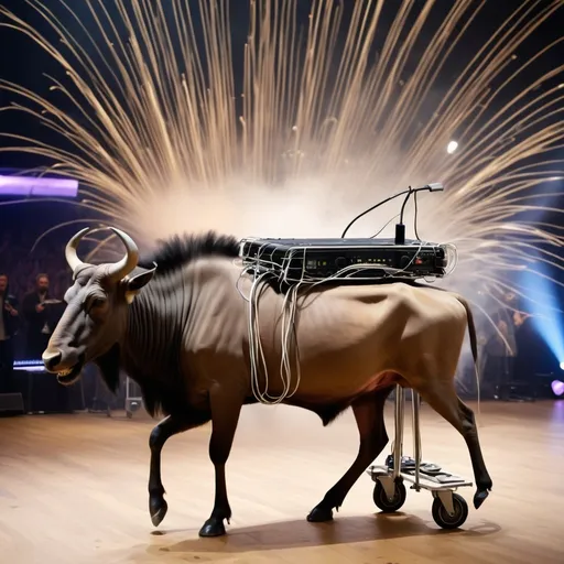 Prompt: Gack! Adhesive wildebeest trolley featuring moleskin dongles and superlative electromagnetic sound waves at Eurovision in 1812