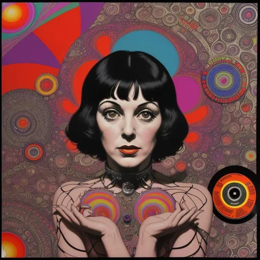 Prompt: 1968 classic psychedelic album cover of mod Myrna Ross by Martin Sharp, collage, Disraeli Gears
