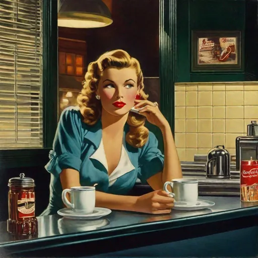 Prompt: At the diner counter at midnight, December 1942, a forlorn woman smokes a cigarette, and drinks a mug of black coffee, thinking of her underwear riding up her buttcrack 