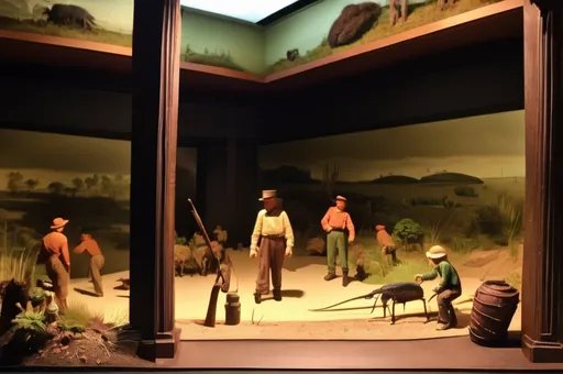 Prompt: Excellent diorama of Australian plimps and great southern sneds in the National Museum 