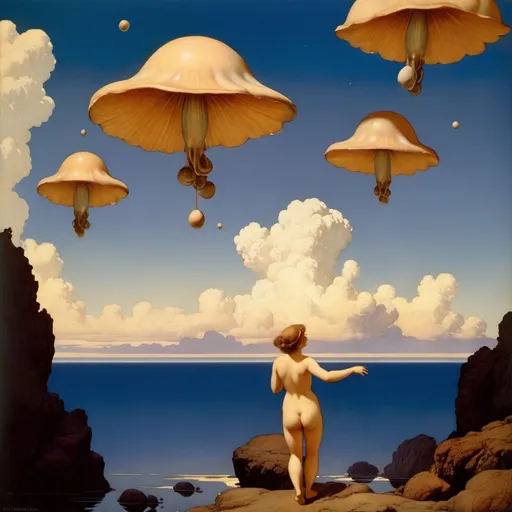 Prompt: Clams falling from the sky by Maxfield Parrish
