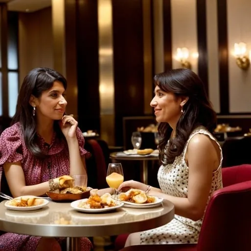 Prompt: Neanderthal women in a dress at brunch in a fancy hotel 