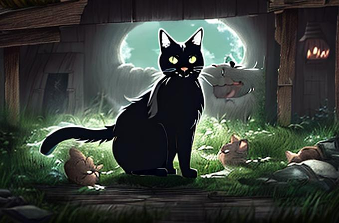 Prompt: Studio Ghibli film about a Noodle, a black cat who lives in an abandoned barn in Michigan