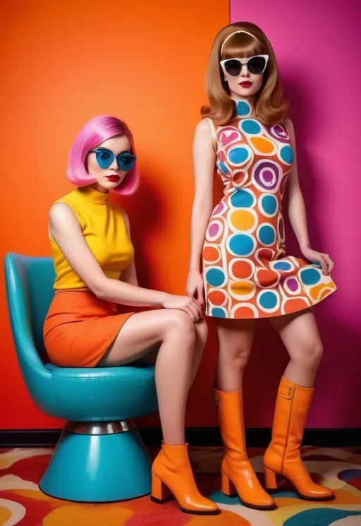 Prompt: Mod dress, 1968, bright patterns, midcentury, fashionable for old-school lesbians, sassy 