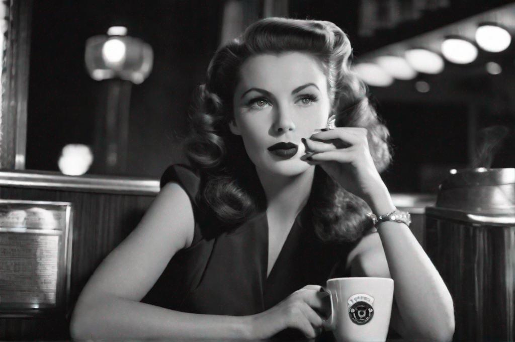 Prompt: At the diner counter at midnight, December 1942, a forlorn woman smokes a cigarette, and drinks a mug of black coffee, thinking of fellatio gone very wrong 