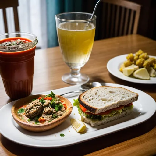 Prompt: Typical lunch on a Saturday in Dourkiy, Dunčkabub: kannas, skalks, and moth soup 