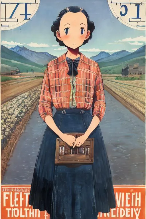 Prompt: Depression-era travel poster advertising a holiday in Flatbille, KS, flat, plains, 1938, serious, important, dire, inspirational, formal, technicolor, modest, pretty, realism, Norman Rockwell, farmers, flat, very flat, xenophobia, drunkenness, boredom, Dutch, severe, fields, nothing to do, mud, flat, chickens, corn, tulips