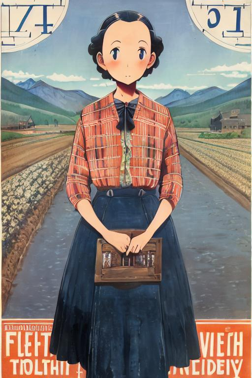 Prompt: Depression-era travel poster advertising a holiday in Flatbille, KS, flat, plains, 1938, serious, important, dire, inspirational, formal, technicolor, modest, pretty, realism, Norman Rockwell, farmers, flat, very flat, xenophobia, drunkenness, boredom, Dutch, severe, fields, nothing to do, mud, flat, chickens, corn, tulips